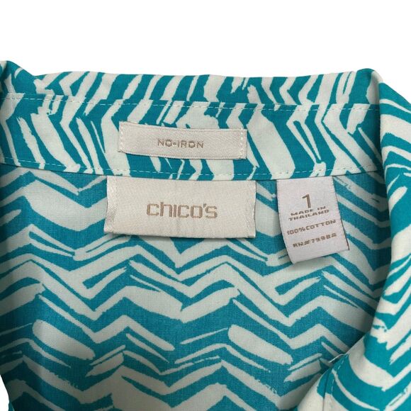 CHICOS Turquoise Chevron Stripe No Iron Cotton Button Up Shirt Size Medium (1) - Picture 6 of 9